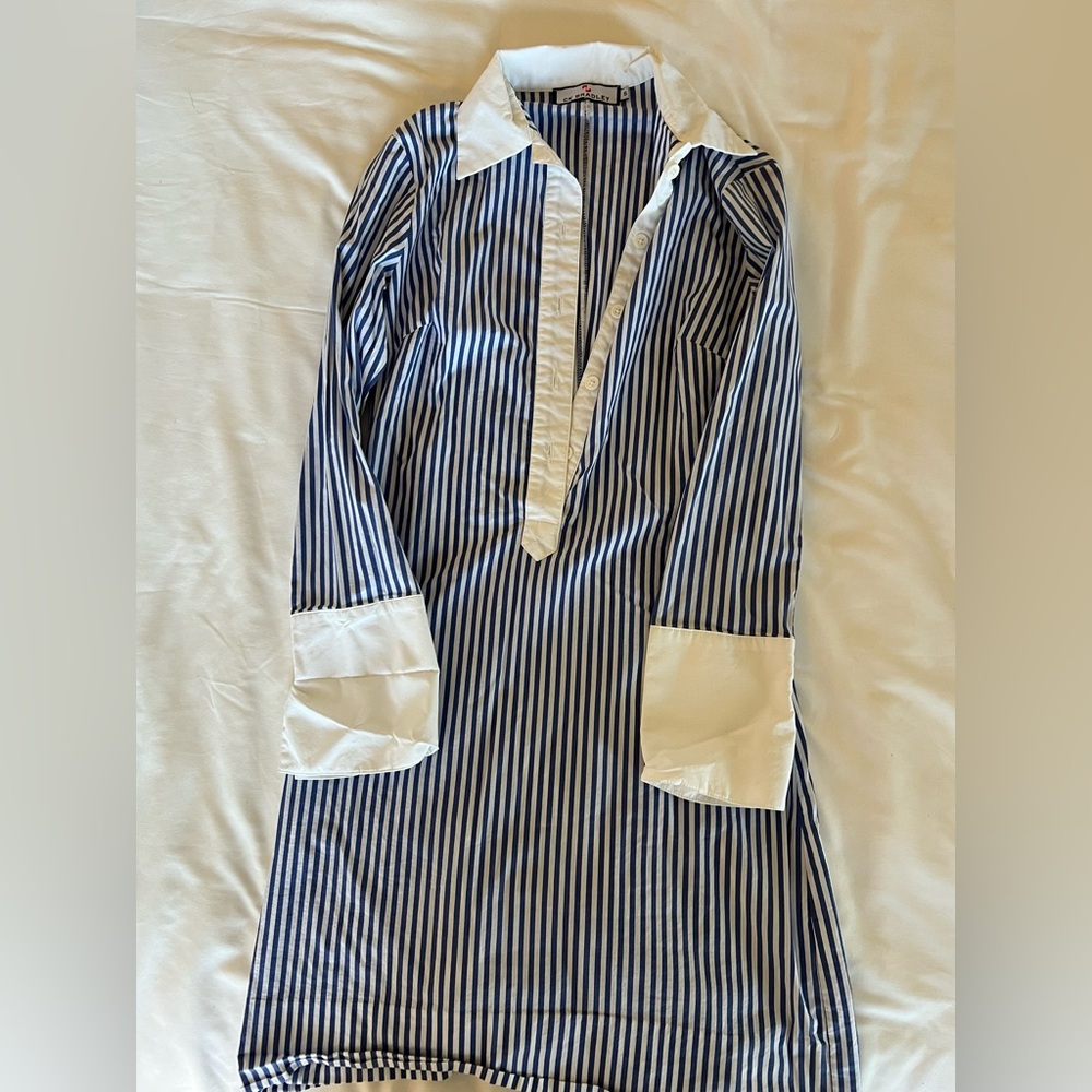 Striped Blue and White Shirt Dress with Contrast Collar
